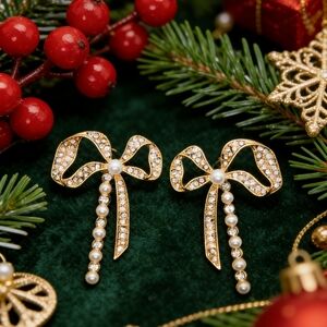 Luxurious Rhinestone & Pearl Dangle Bow Earrings Holiday Glamour